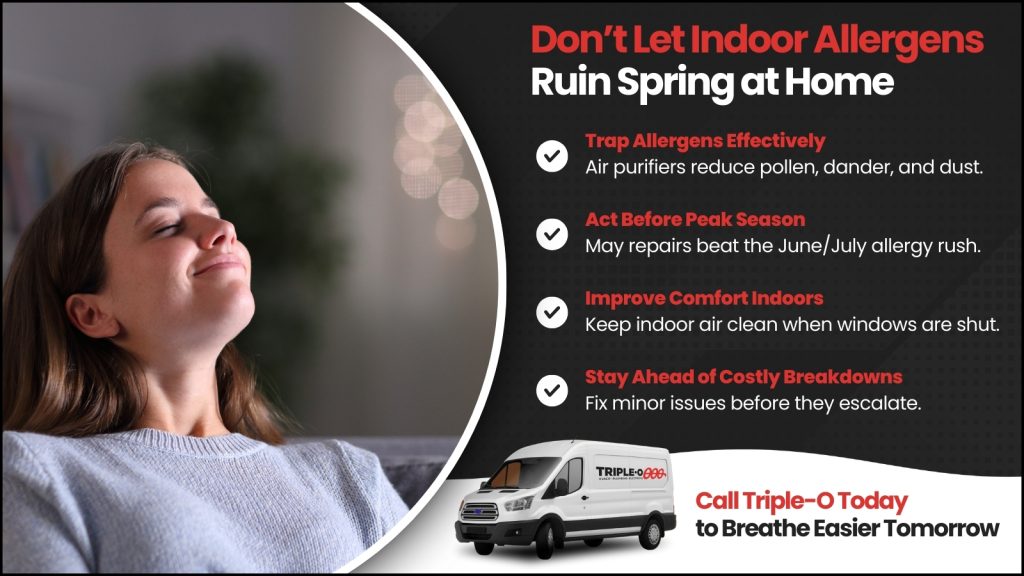 This is the woman enjoying clean air on her couch. The headline reads don't let indoor allergens ruin spring at home.