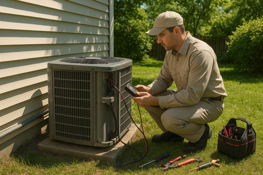 HVAC technician inspecting old AC unit for summer upgrade recommendation.