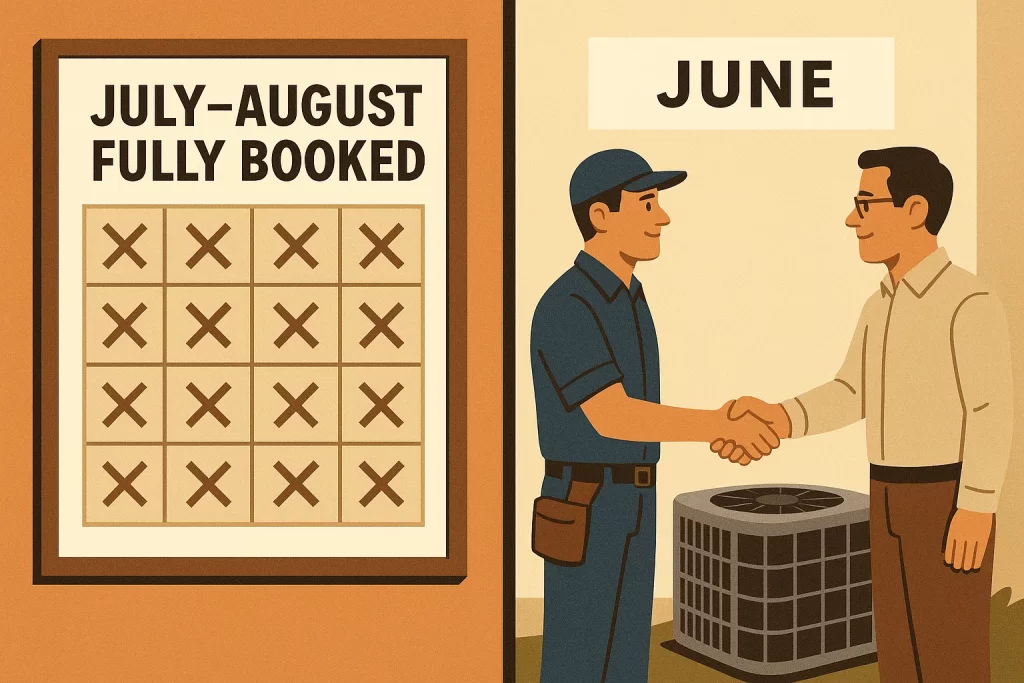 Split-scene busy summer schedule vs open June installation slot with AC upgrade