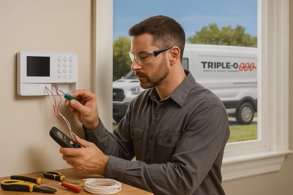 Electrician installs smart home security hub with professional tools
