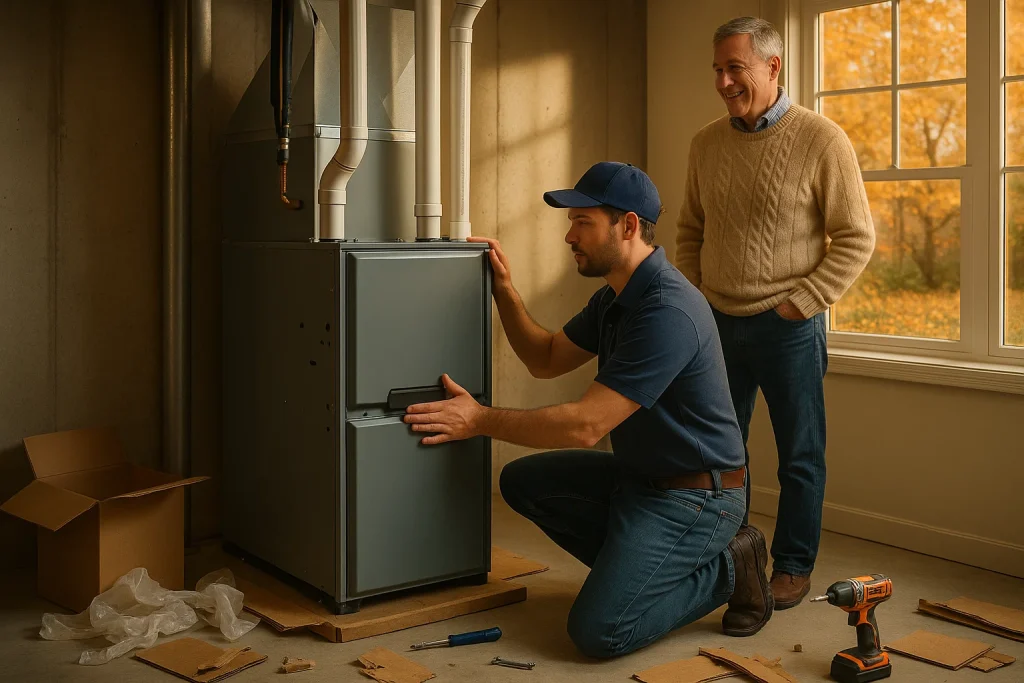 Technician installing new high efficiency furnace before winter season