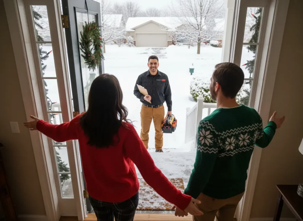 HVAC technician arriving at a snow-covered home for a pre-holiday installation.
