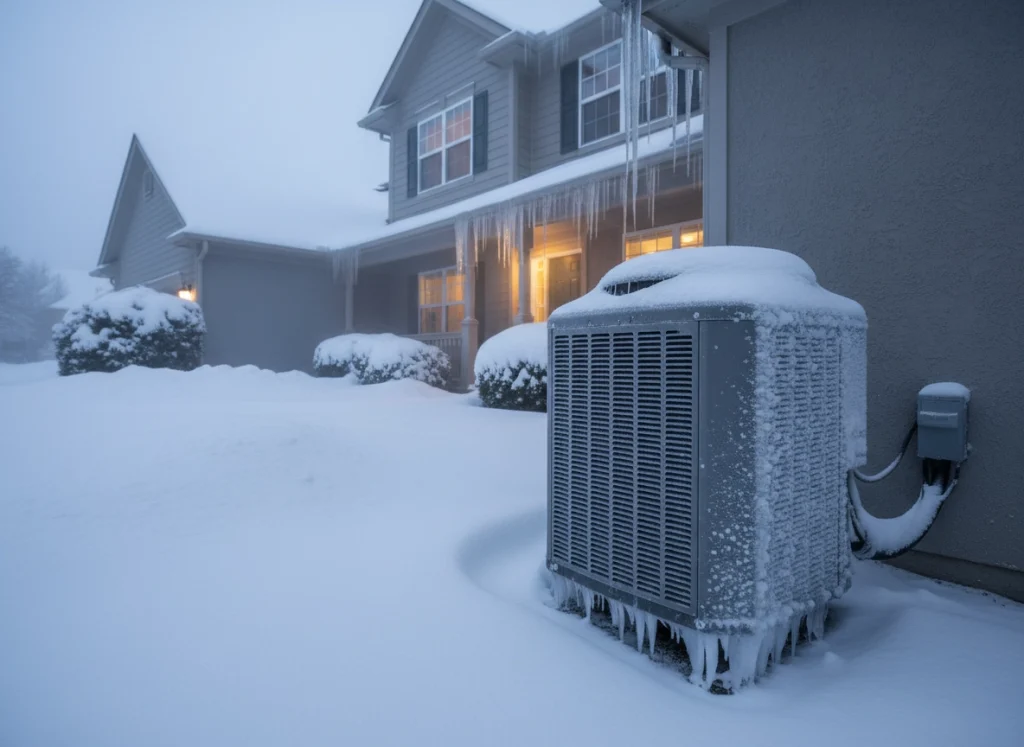 Outdoor heat pump unit covered in ice and snow during sub‑freezing weather showing frozen components risk