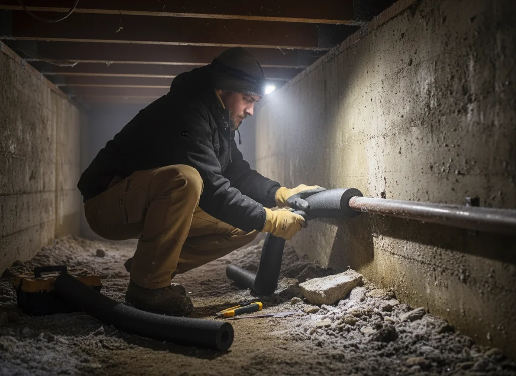Plumber insulating exposed pipes to prevent winter freezing in a residential crawl space.
