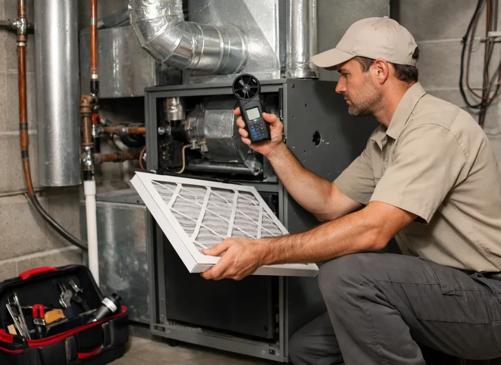 HVAC technician replacing furnace air filter and inspecting airflow in basement utility room