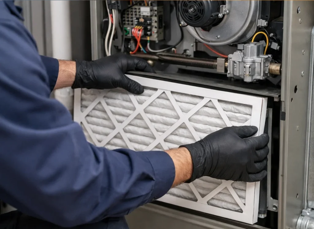 Technician replacing furnace air filter during winter maintenance