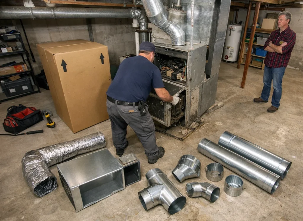 An HVAC technician removing an old furnace and getting ready to install a new one