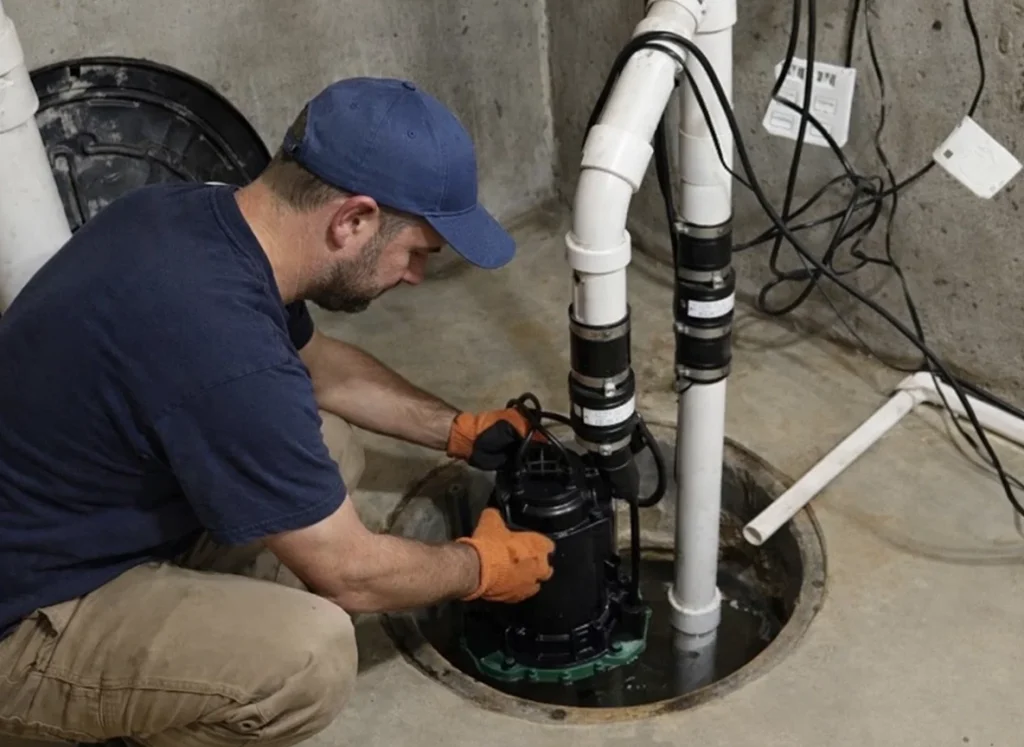 Homeowner and plumber test sump pump in March to prepare for spring rain