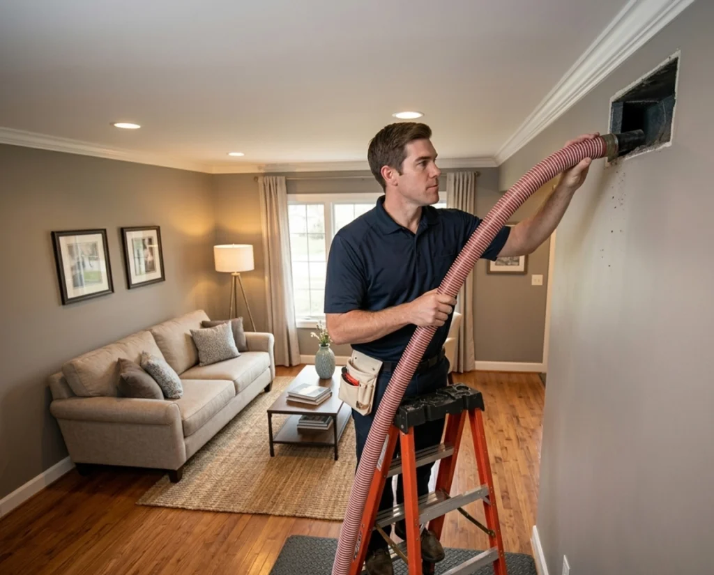 An HVAC tech cleaning air filter