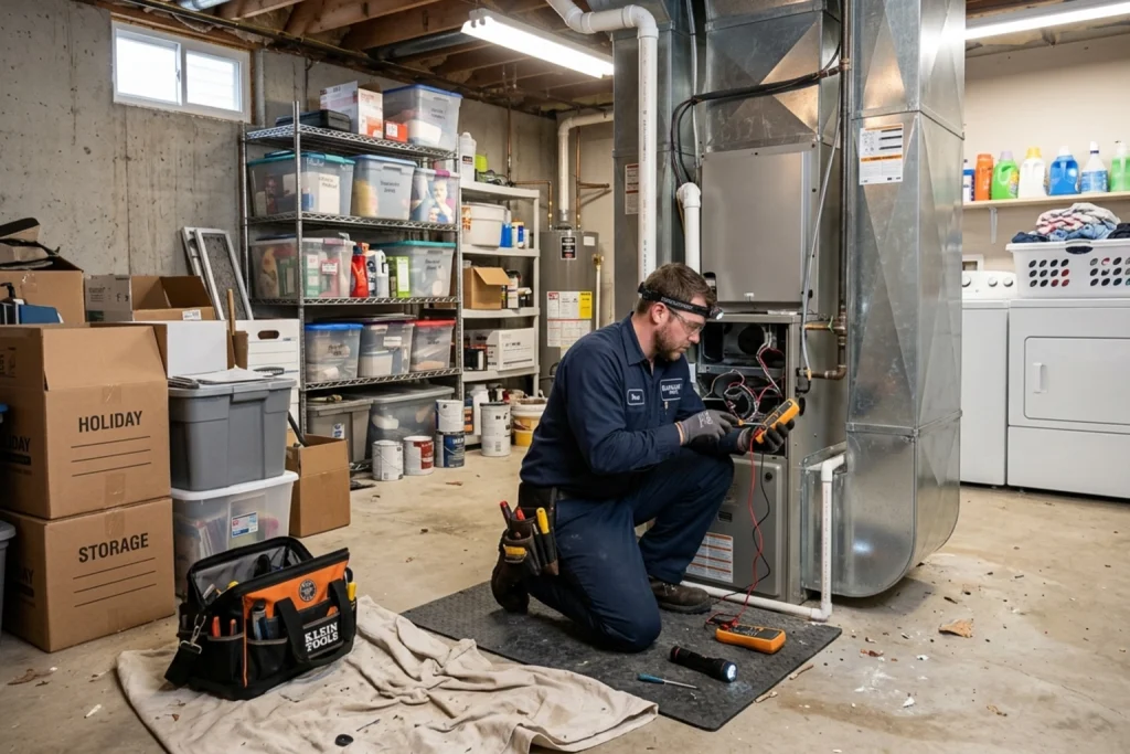 An HVAC tech servicing a whole home air purifier.