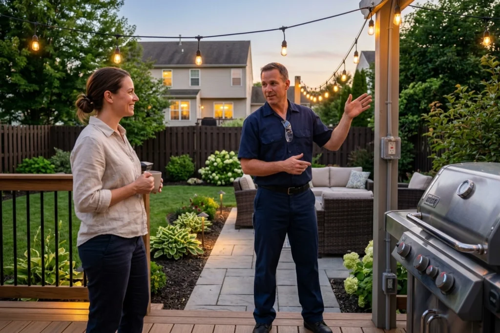 Rochester homeowner reviewing outdoor electrical installation
