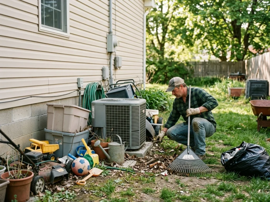 A homeowner cleaning around his AC unit to make it more efficent.