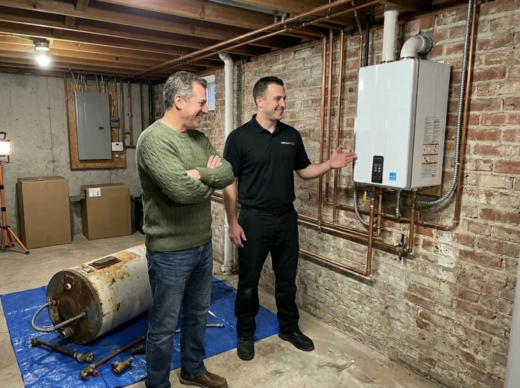 Plumber commissioning a high-capacity tankless water heater in Rochester