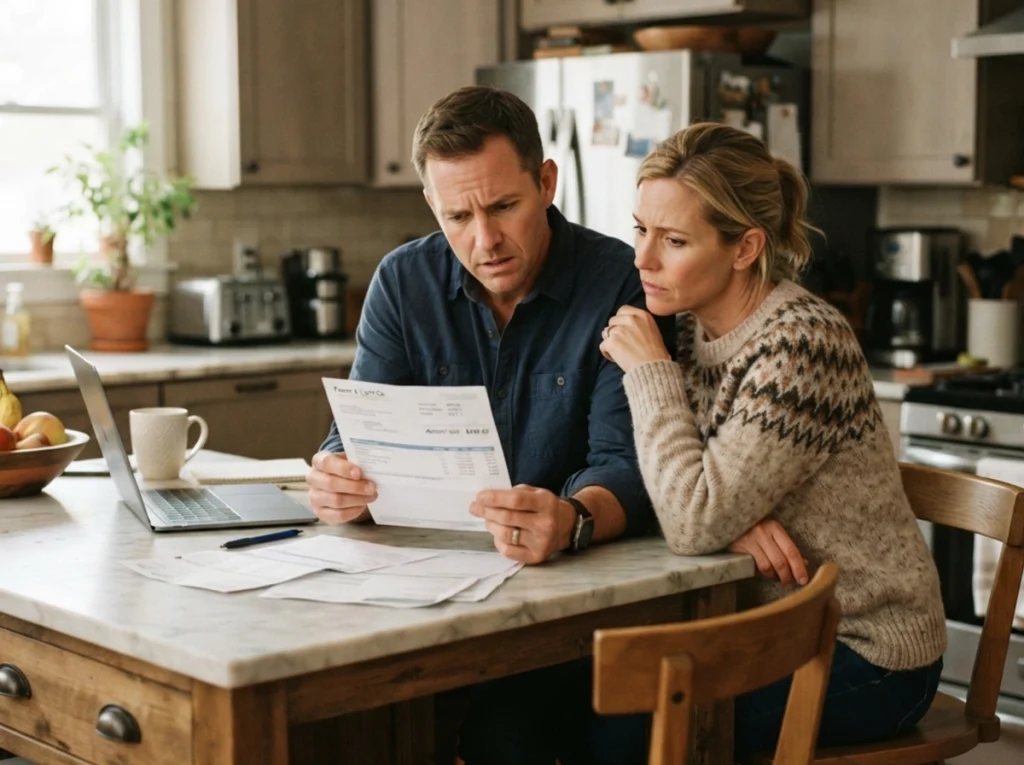 A husband and wife, looking at a high energy bill