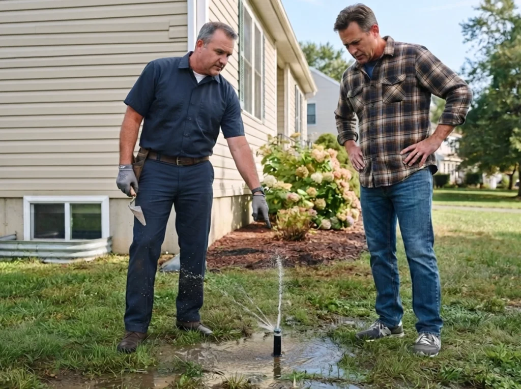 Homeowner and a plumber discussing a broken sprinkler head that is creating a pool of water in the lawn