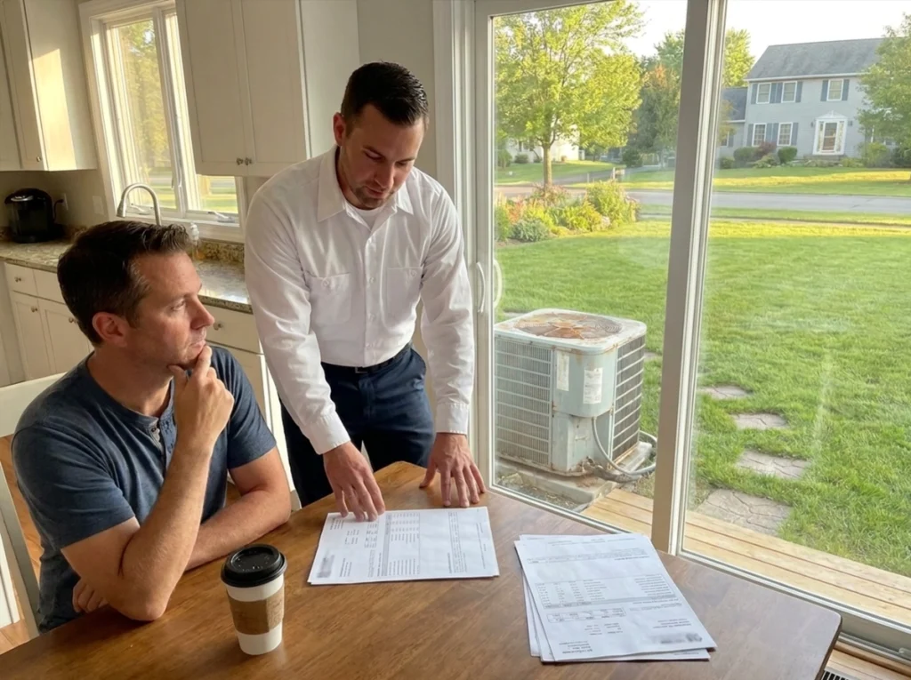Rochester homeowner comparing AC repair and late-summer replacement options